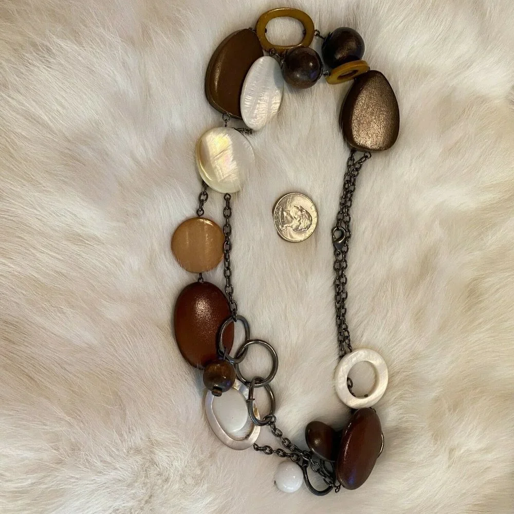 Western‎ Necklace Festival Wood Shell Mixed Media Mother of Pearl Boho Long 6184